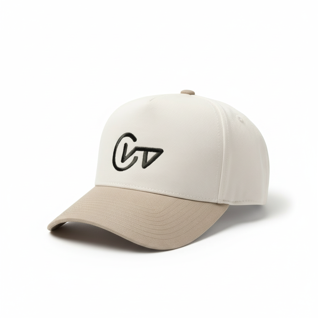 Two-tone beige and white cap with a logo on a white background